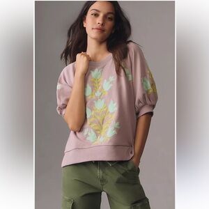 Dusty Mauve Floral Embroidered Puff-Sleeve Sweatshirt